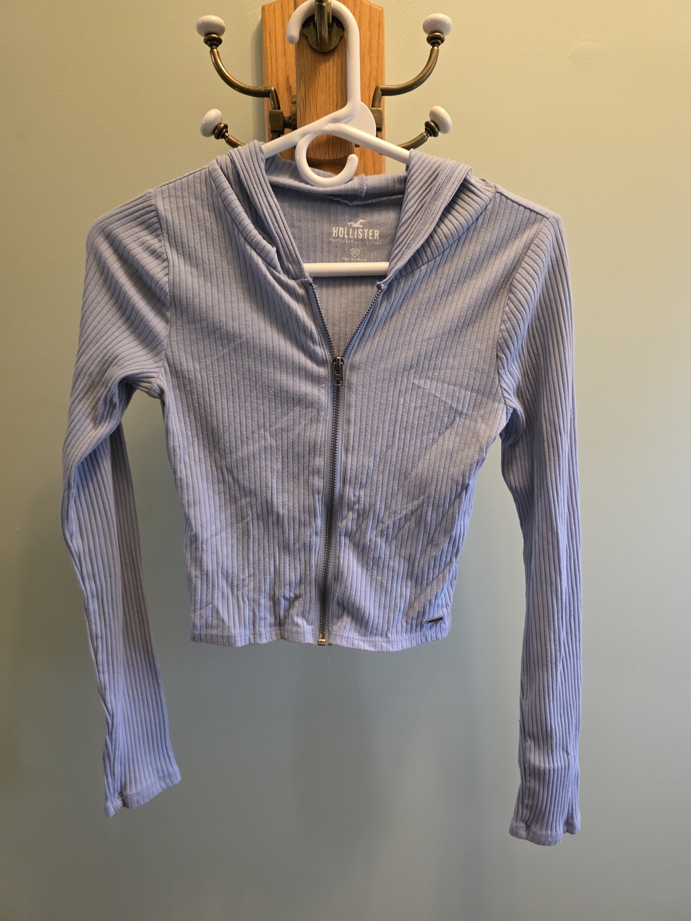 Hollister Light Blue Ribbed Zip Hoodie Jacket